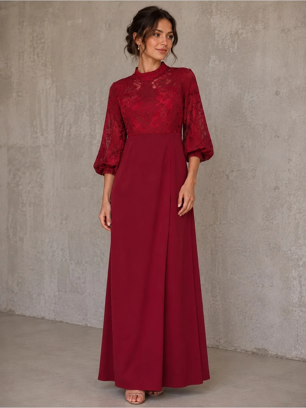 Vintage Coco Collection Burgundy Lace Maxi Dress | Sheer Sleeve Formal Gown - Picture 2 of 7